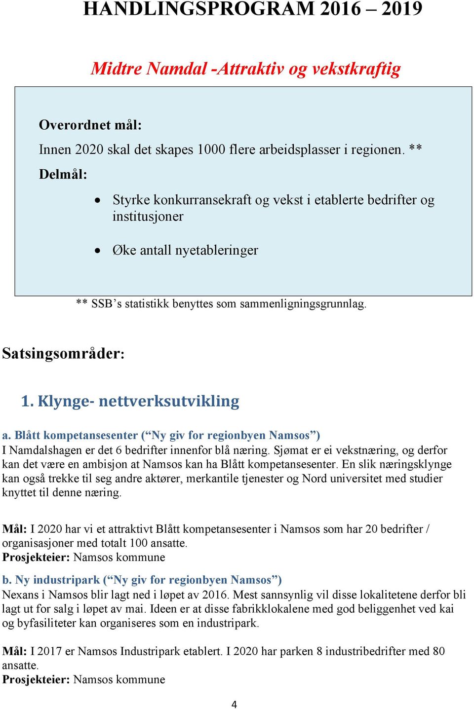 Klynge- nettverksutvikling a. Blått kompetansesenter ( Ny giv for regionbyen Namsos ) I Namdalshagen er det 6 bedrifter innenfor blå næring.