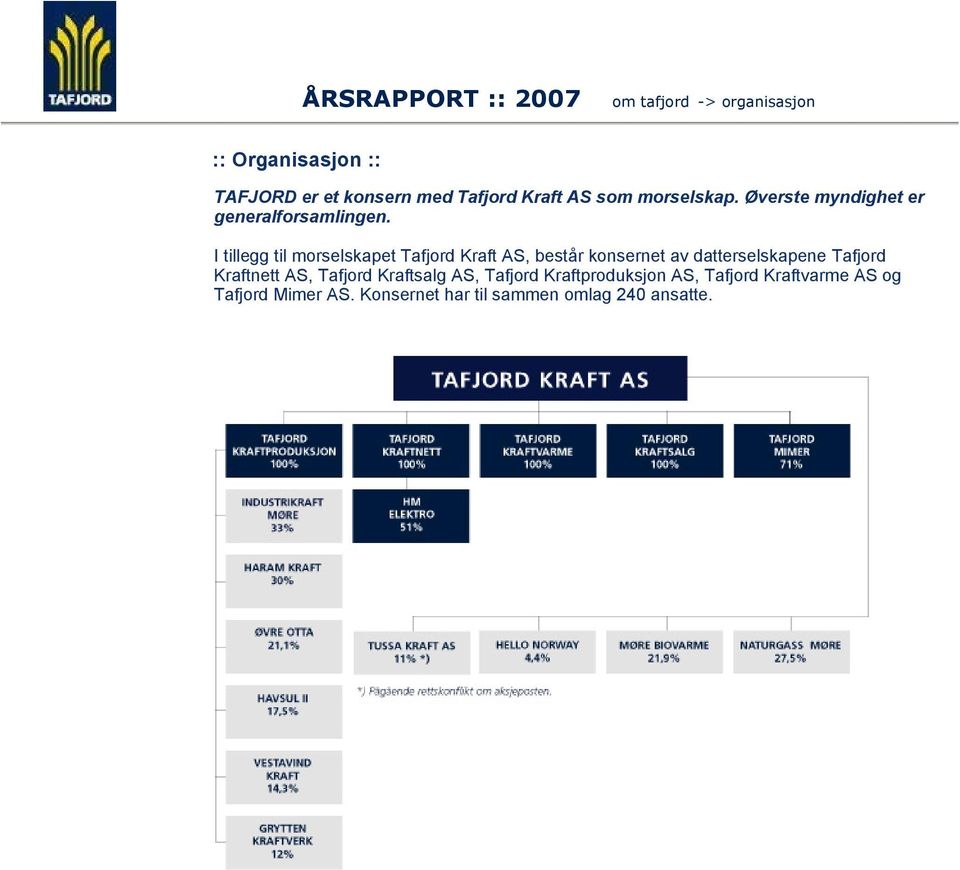 I tillegg til morselskapet Tafjord Kraft AS, består konsernet av datterselskapene Tafjord Kraftnett