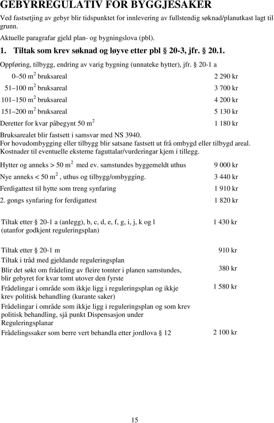 20-1 a 0 50 m 2 bruksareal 2 290 kr 51 100 m 2 bruksareal 3 700 kr 101 150 m 2 bruksareal 4 200 kr 151 200 m 2 bruksareal 5 130 kr Deretter for kvar påbegynt 50 m 2 1 180 kr Bruksarealet blir