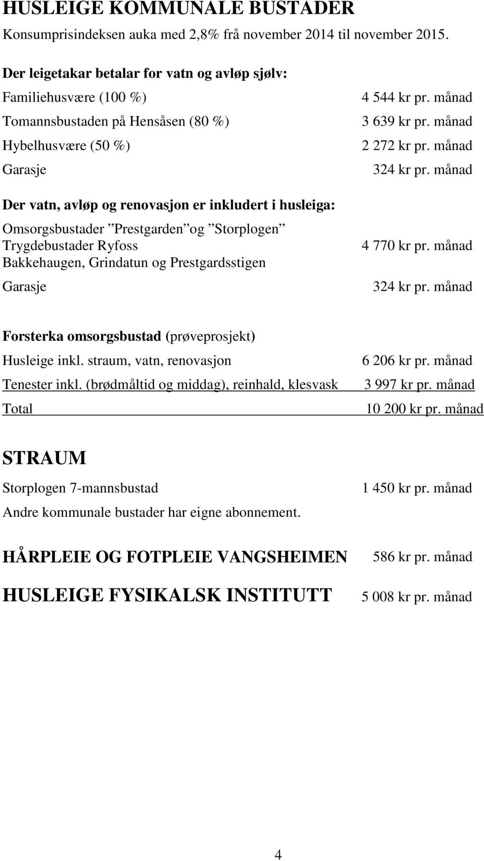 Omsorgsbustader Prestgarden og Storplogen Trygdebustader Ryfoss Bakkehaugen, Grindatun og Prestgardsstigen Garasje 4 544 kr pr. månad 3 639 kr pr. månad 2 272 kr pr. månad 324 kr pr.