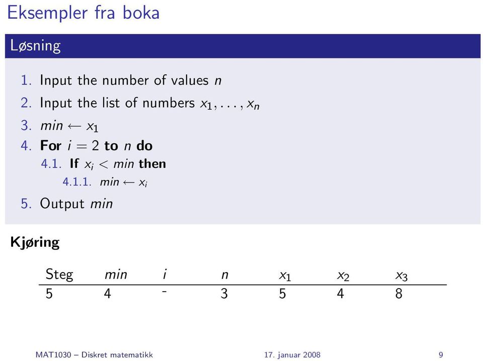 For i = 2 to n do 4.1. If x i < min then 4.1.1. min x i 5.