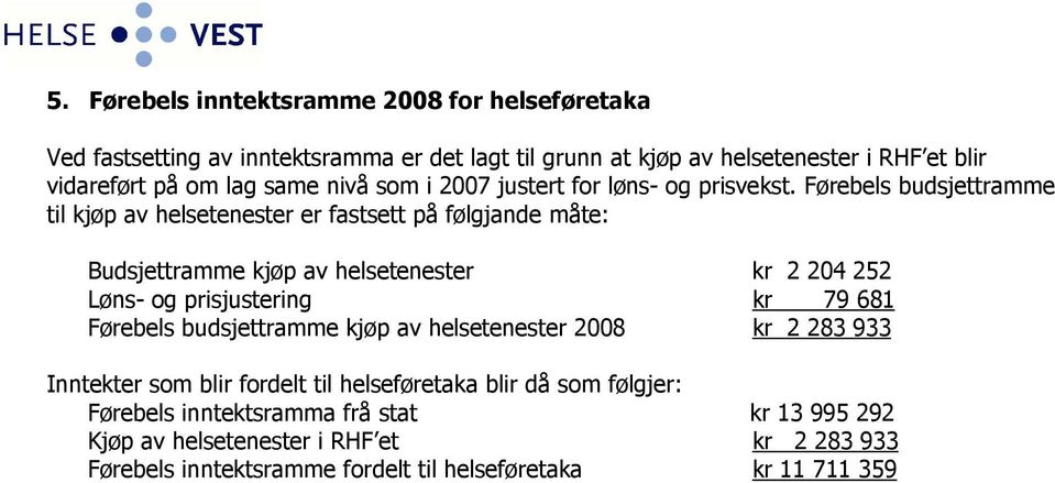 Førebels budsjettramme til kjøp av helsetenester er fastsett på følgjande måte: Budsjettramme kjøp av helsetenester kr 2 204 252 Løns- og prisjustering kr 79 681