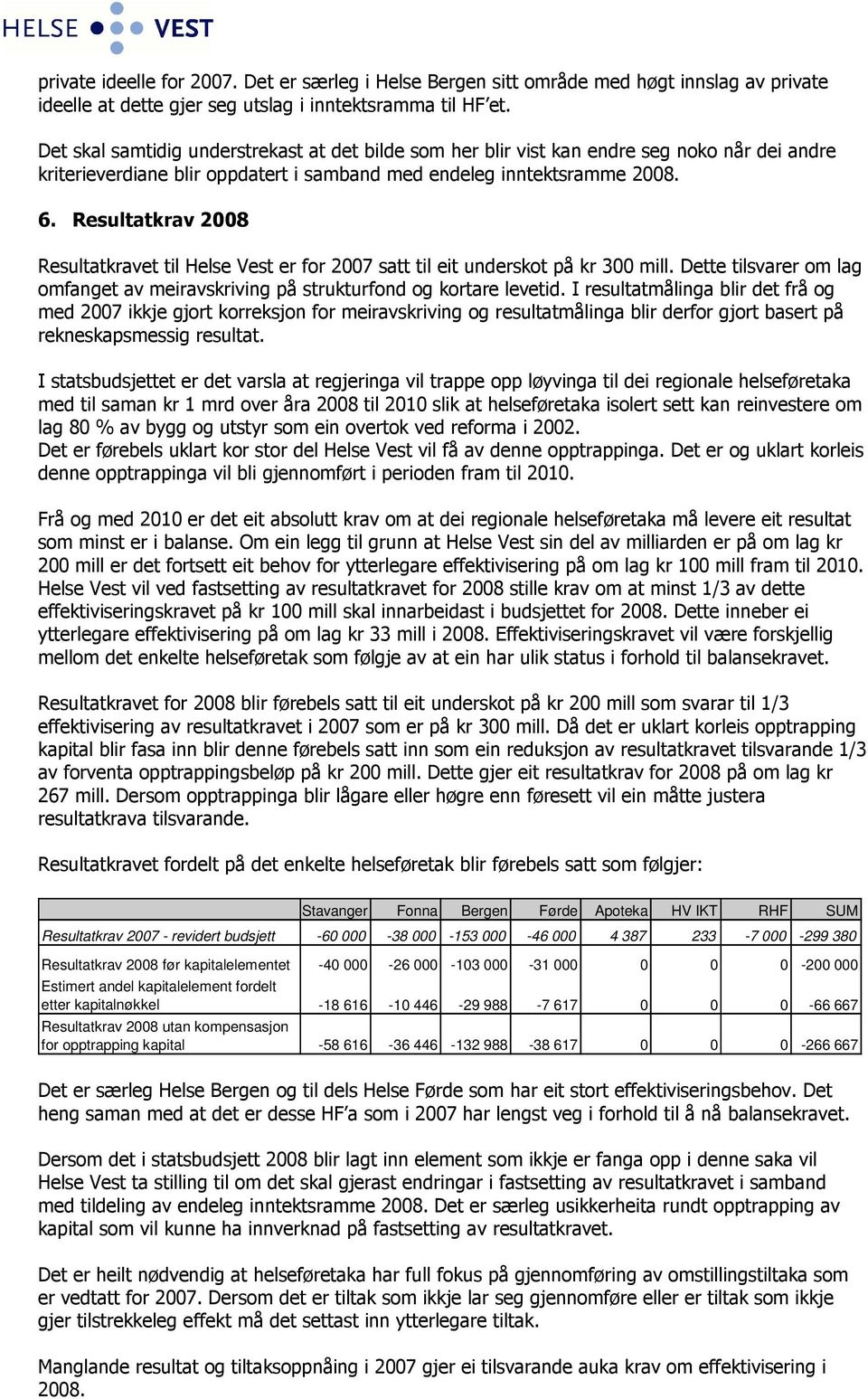 Resultatkrav 2008 Resultatkravet til Helse Vest er for 2007 satt til eit underskot på kr 300 mill. Dette tilsvarer om lag omfanget av meiravskriving på strukturfond og kortare levetid.