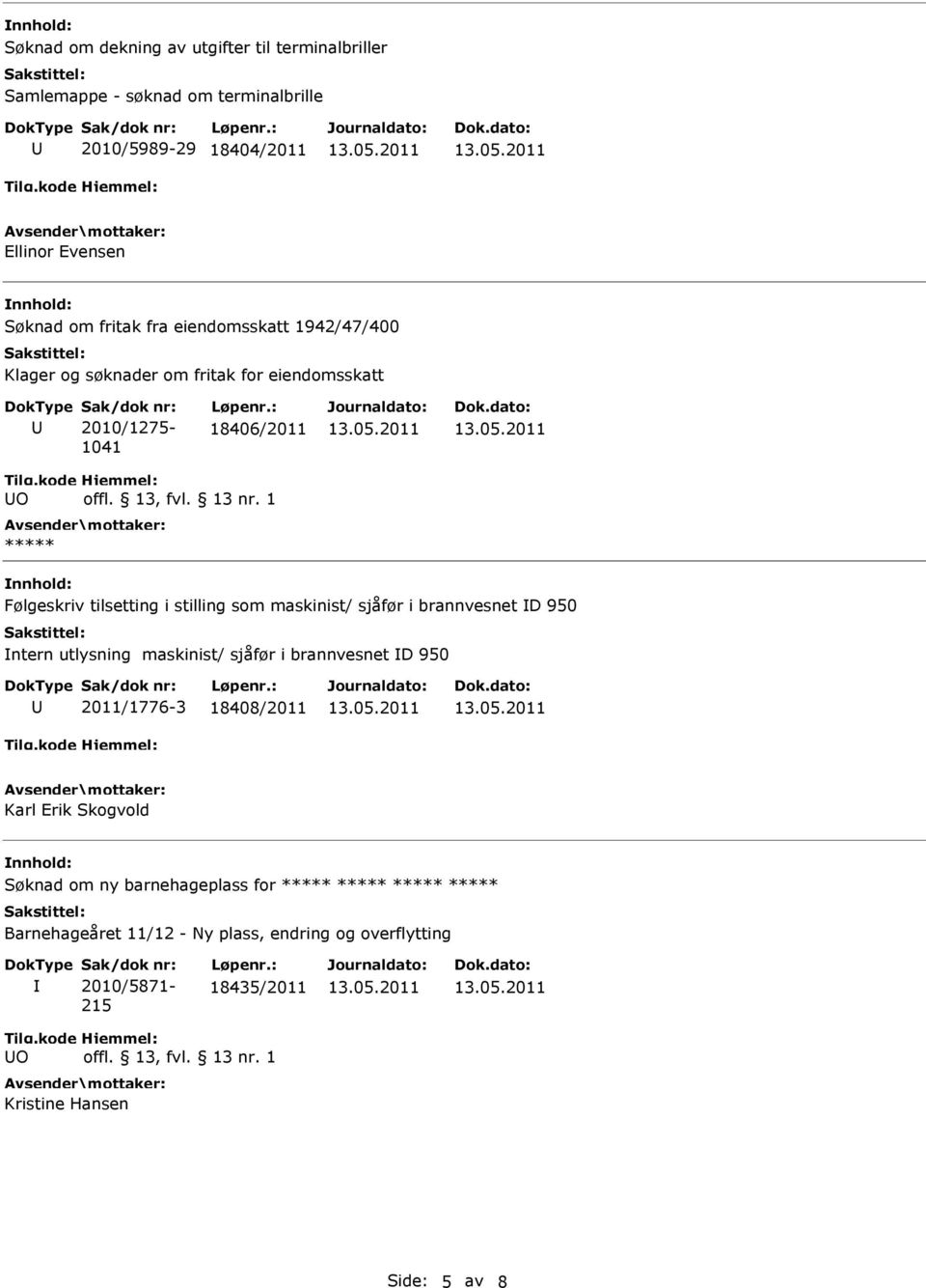 : 18406/2011 O ***** Følgeskriv tilsetting i stilling som maskinist/ sjåfør i brannvesnet D 950 ntern utlysning maskinist/ sjåfør i brannvesnet D 950