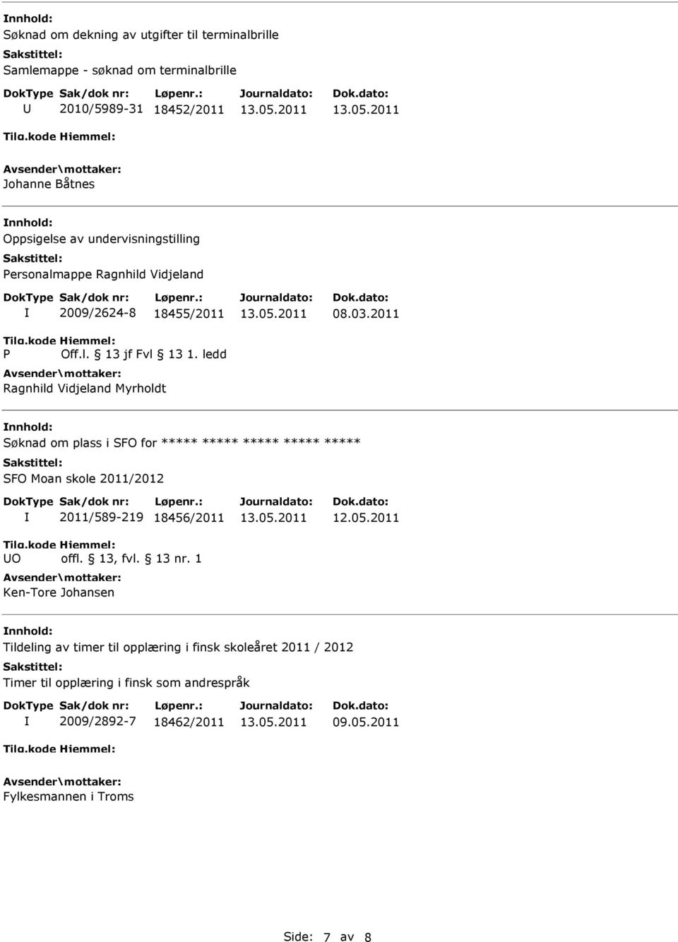 2011 Søknad om plass i SFO for ***** ***** ***** ***** ***** SFO Moan skole 2011/2012 O 2011/589-219 18456/2011 Ken-Tore Johansen Tildeling av