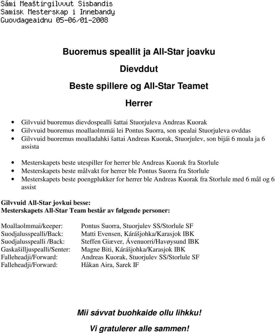 Storlule Mesterskapets beste målvakt for herrer ble Pontus Suorra fra Storlule Mesterskapets beste poengplukker for herrer ble Andreas Kuorak fra Storlule med 6 mål og 6 assist Gilvvuid All-Star