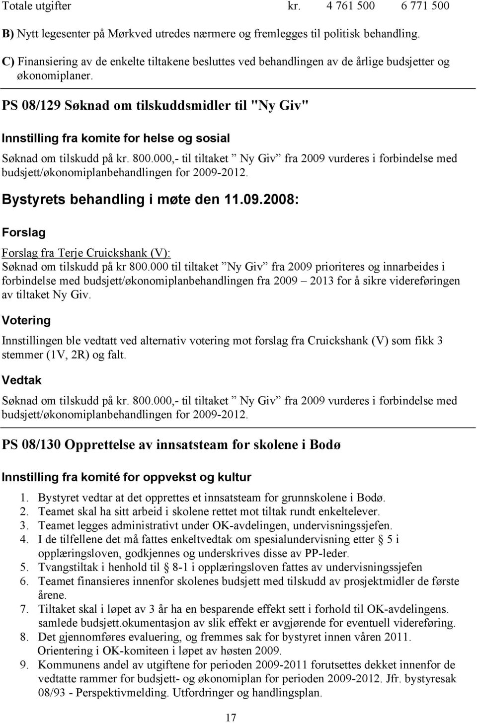 PS 08/129 Søknad om tilskuddsmidler til "Ny Giv" Innstilling fra komite for helse og sosial Søknad om tilskudd på kr. 800.