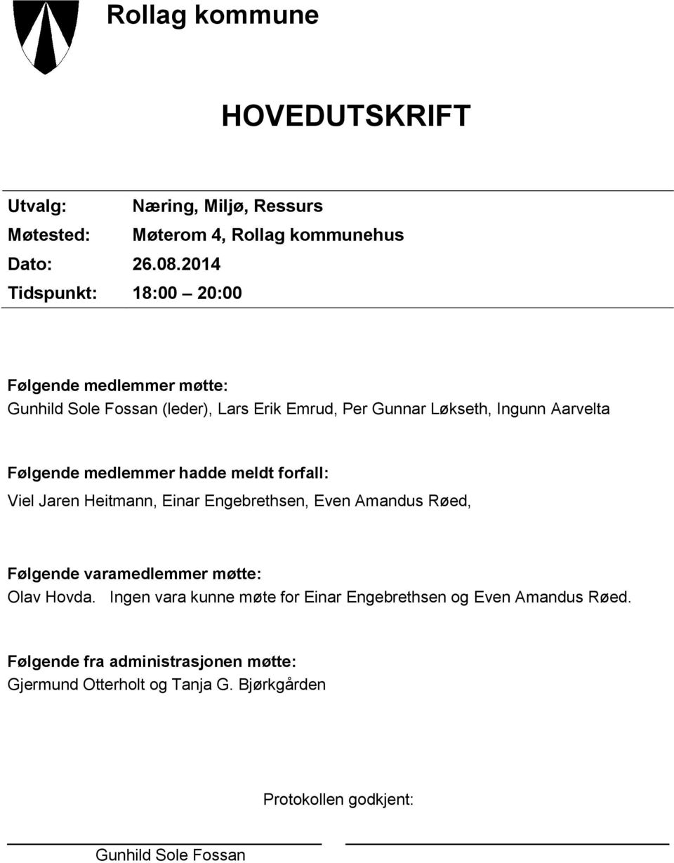 medlemmer hadde meldt forfall: Viel Jaren Heitmann, Einar Engebrethsen, Even Amandus Røed, Følgende varamedlemmer møtte: Olav Hovda.