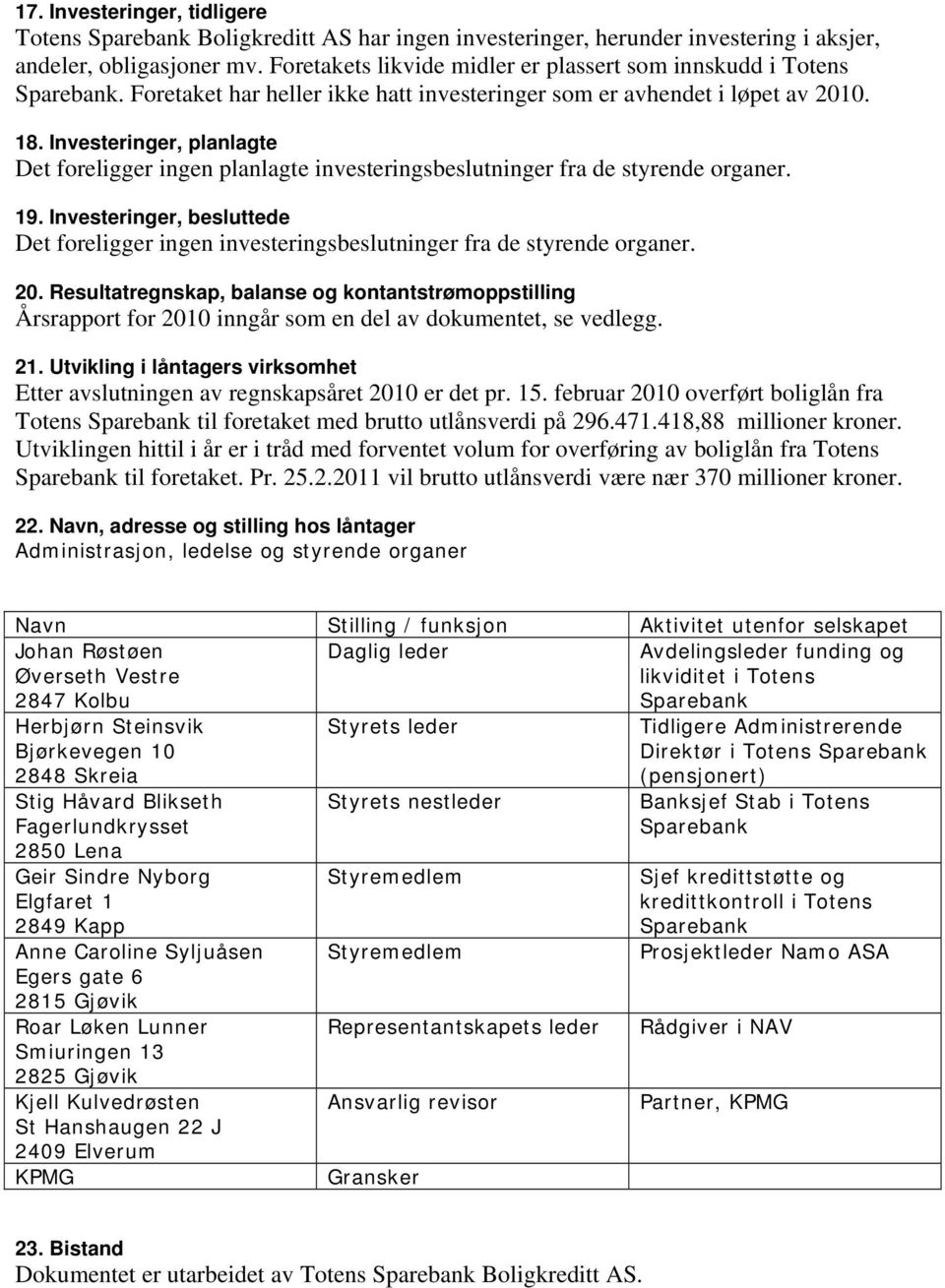 Investeringer, planlagte Det foreligger ingen planlagte investeringsbeslutninger fra de styrende organer. 19.