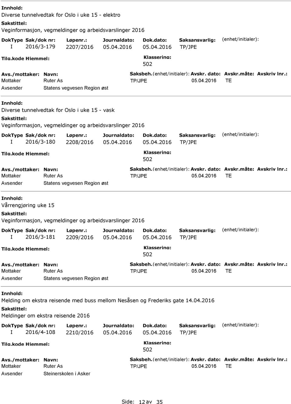 uke 15 2016/3-181 2209/2016 TE Statens vegvesen Region øst nnhold: Melding om ekstra reisende med buss mellom Nesåsen