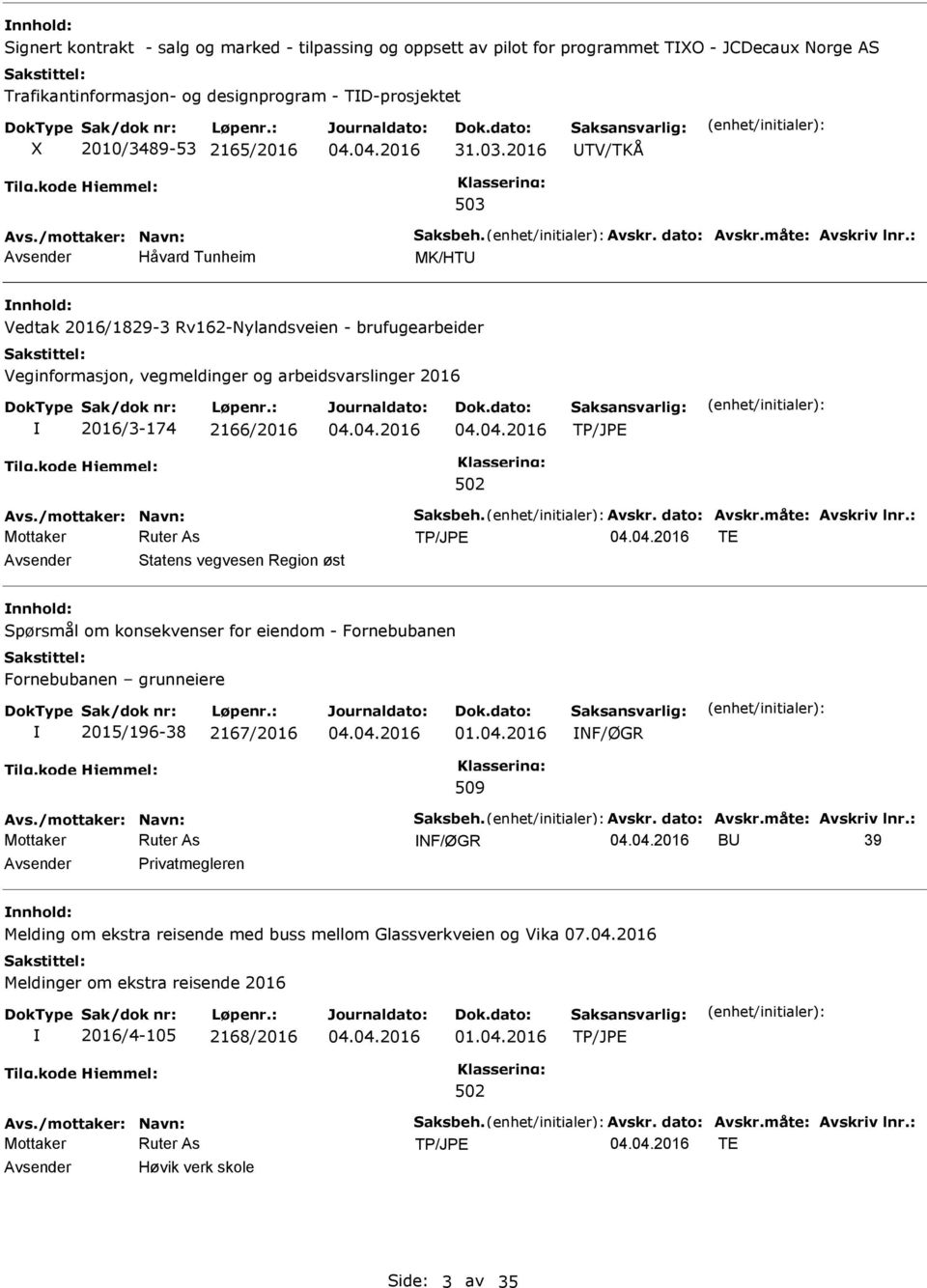 2016 TV/TKÅ 503 Håvard Tunheim MK/HT nnhold: Vedtak 2016/1829-3 Rv162-Nylandsveien - brufugearbeider 2016/3-174 2166/2016 TE Statens vegvesen Region øst nnhold: Spørsmål