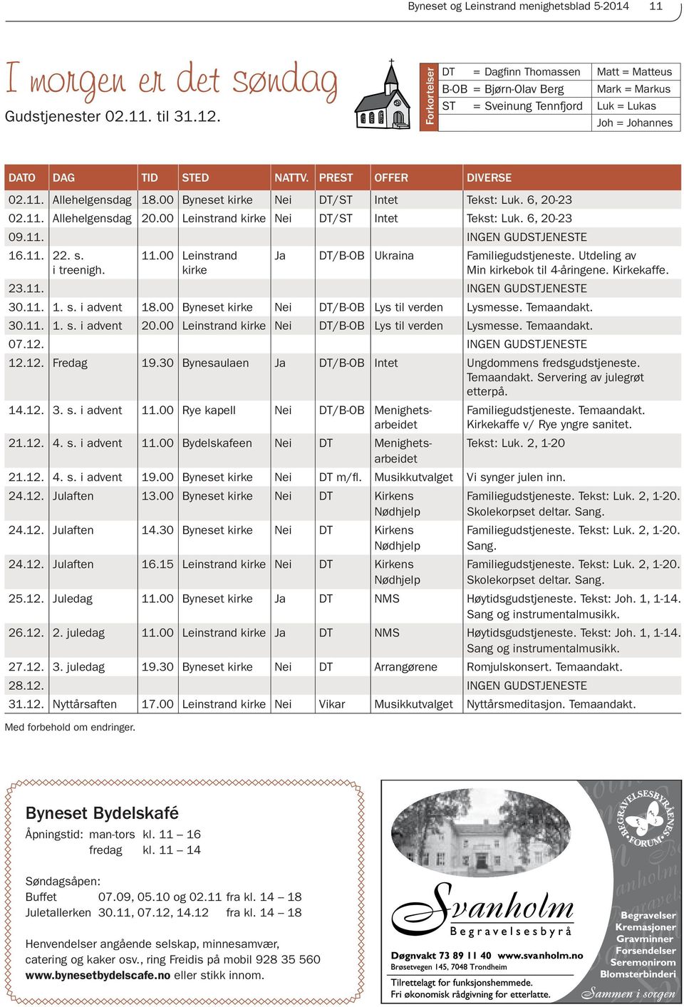 00 Leinstrand kirke /ST Intet Tekst: Luk. 6, 20-23 09.11. 16.11. 22. s. i treenigh. Luk = Lukas Joh = Johannes NATTV. PREST 02.11. Allehelgensdag 18.00 Byneset kirke 11 INGEN GUDSTJENESTE 11.