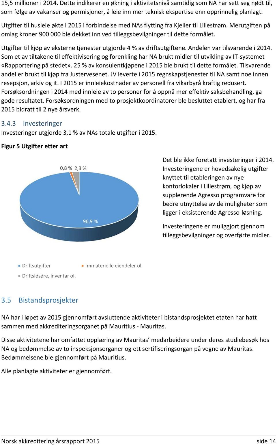 Utgifter til husleie økte i 2015 i forbindelse med NAs flytting fra Kjeller til Lillestrøm. Merutgiften på omlag kroner 900 000 ble dekket inn ved tilleggsbevilgninger til dette formålet.