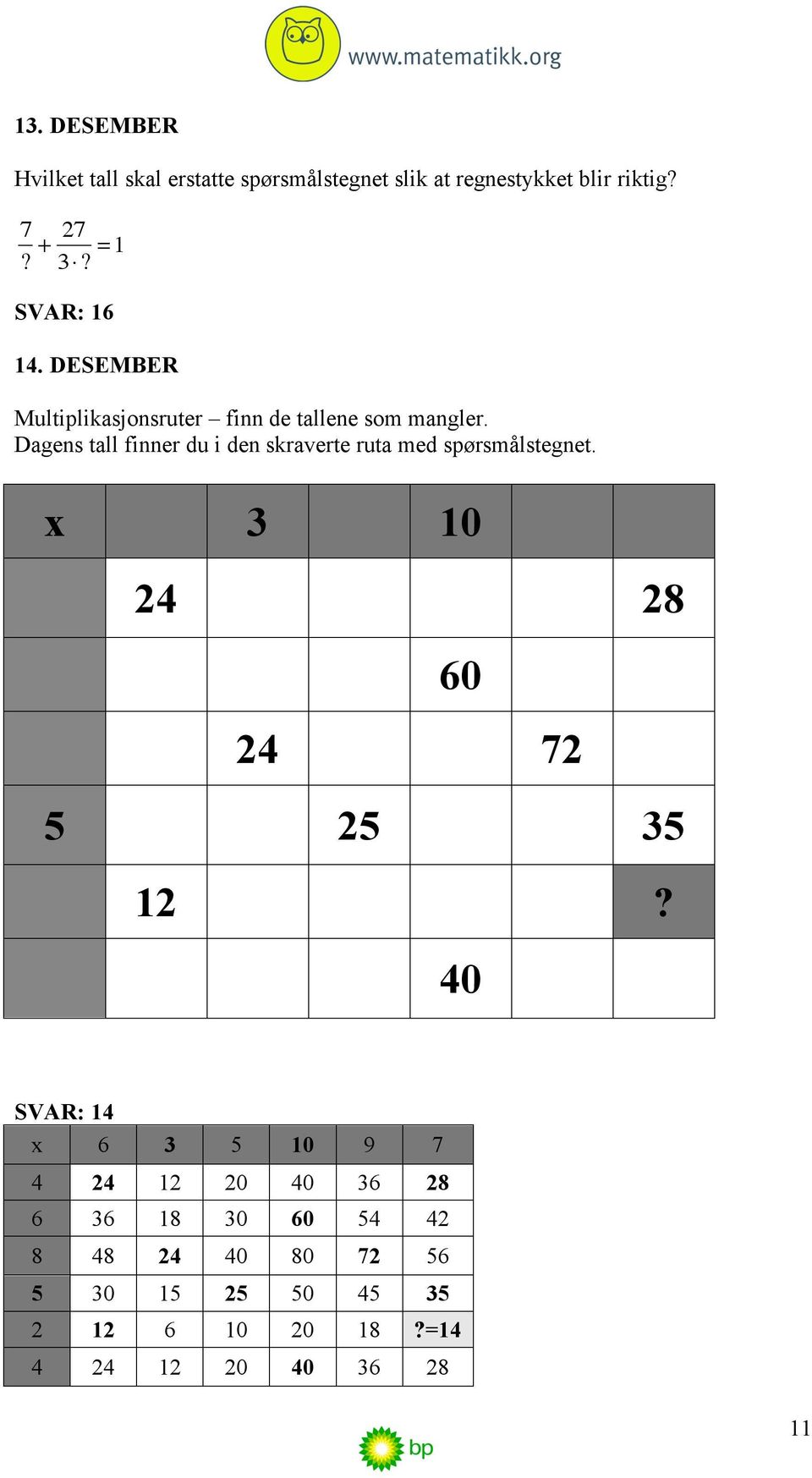 Dagens tall finner du i den skraverte ruta med spørsmålstegnet. x 3 10 24 28 60 24 72 5 25 35 12?