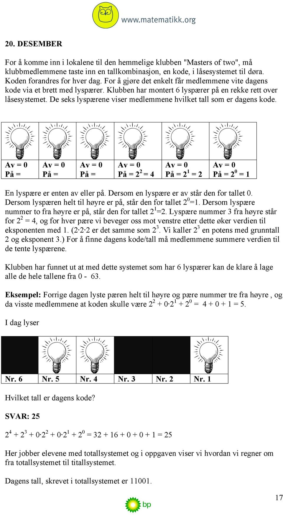 De seks lyspærene viser medlemmene hvilket tall som er dagens kode. Av = 0 På = Av = 0 På = Av = 0 På = Av = 0 På = 2 2 = 4 Av = 0 På = 2 1 = 2 Av = 0 På = 2 0 = 1 En lyspære er enten av eller på.