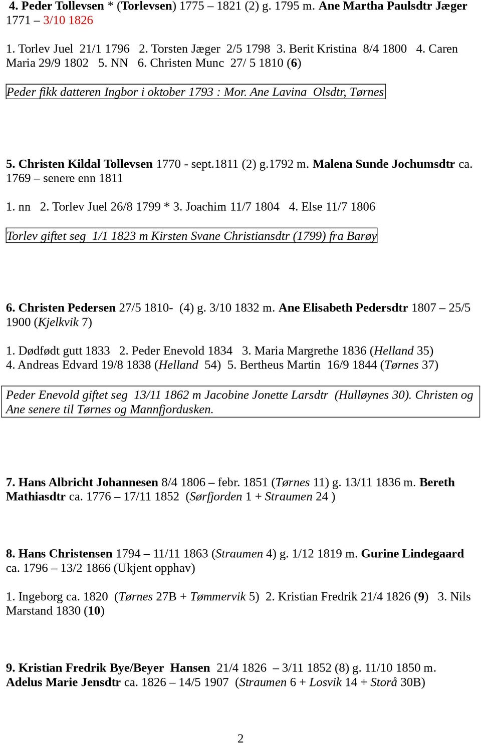 Malena Sunde Jochumsdtr ca. 1769 senere enn 1811 1. nn 2. Torlev Juel 26/8 1799 * 3. Joachim 11/7 1804 4. Else 11/7 1806 Torlev giftet seg 1/1 1823 m Kirsten Svane Christiansdtr (1799) fra Barøy 6.