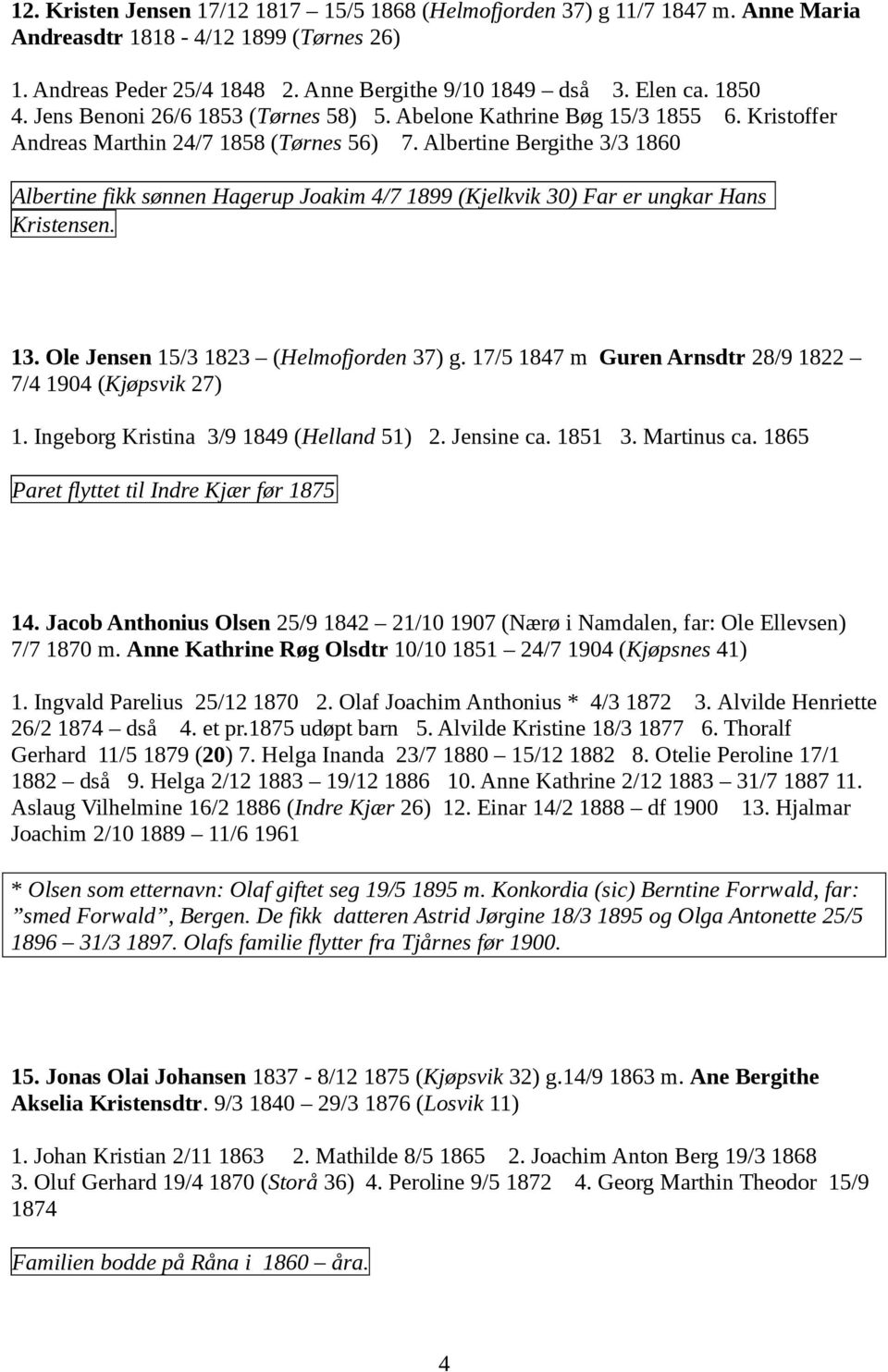 Albertine Bergithe 3/3 1860 Albertine fikk sønnen Hagerup Joakim 4/7 1899 (Kjelkvik 30) Far er ungkar Hans Kristensen. 13. Ole Jensen 15/3 1823 (Helmofjorden 37) g.