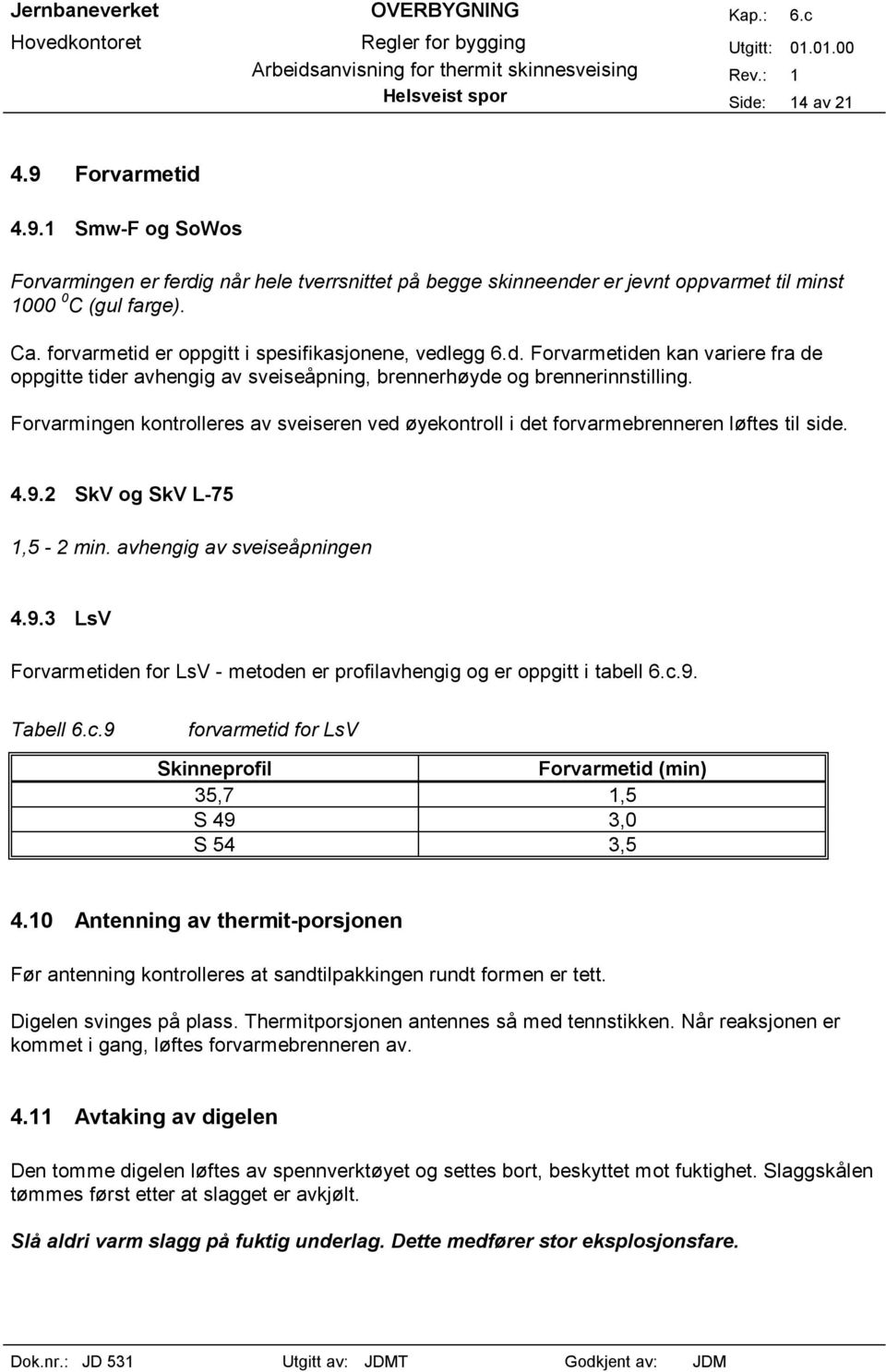 Forvarmingen kontrolleres av sveiseren ved øyekontroll i det forvarmebrenneren løftes til side. 4.9.2 SkV og SkV L-75 1,5-2 min. avhengig av sveiseåpningen 4.9.3 LsV Forvarmetiden for LsV - metoden er profilavhengig og er oppgitt i tabell 6.