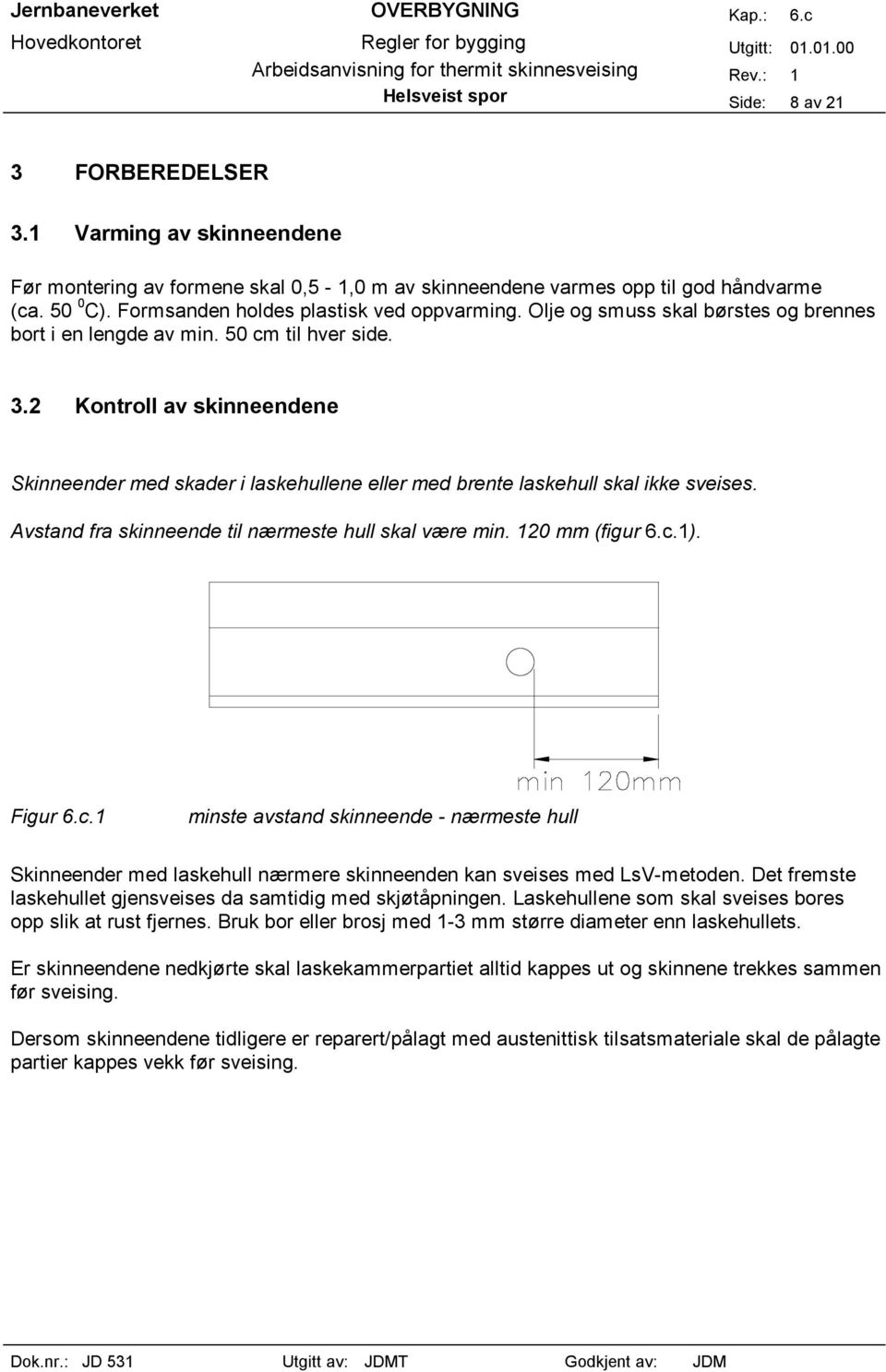 2 Kontroll av skinneendene Skinneender med skader i laskehullene eller med brente laskehull skal ikke sveises. Avstand fra skinneende til nærmeste hull skal være min. 120 mm (figur 6.c.