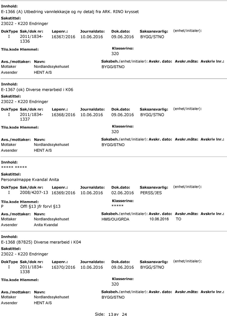 /mottaker: Navn: Saksbeh. Avskr. dato: Avskr.måte: Avskriv lnr.: BYGG/STNO HENT A/S ersonalmappe Kvandal Anita 2008/4207-13 16369/2016 02.06.2016 ERSS/JES Avs./mottaker: Navn: Saksbeh. Avskr. dato: Avskr.måte: Avskriv lnr.: HMS/O/GRDA TO Anita Kvandal E-1368 (B7825) Diverse merarbeid i K04 23022 - K220 Endringer Sak/dok nr: 2011/1834-1338 Løpenr.