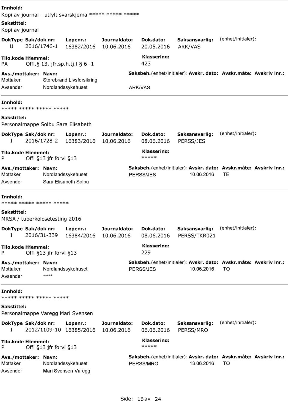 måte: Avskriv lnr.: ERSS/JES TE Sara Elisabeth Solbu MRSA / tuberkolosetesting 2016 2016/31-339 16384/2016 ERSS/TKR021 229 Avs./mottaker: Navn: Saksbeh. Avskr. dato: Avskr.måte: Avskriv lnr.: ERSS/JES TO ersonalmappe Varegg Mari Svensen 2012/1109-10 16385/2016 06.