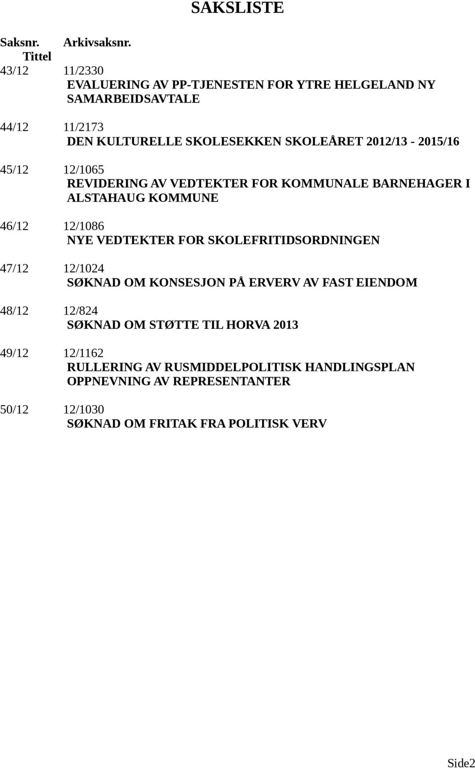 2012/13-2015/16 45/12 12/1065 REVIDERING AV VEDTEKTER FOR KOMMUNALE BARNEHAGER I ALSTAHAUG KOMMUNE 46/12 12/1086 NYE VEDTEKTER FOR