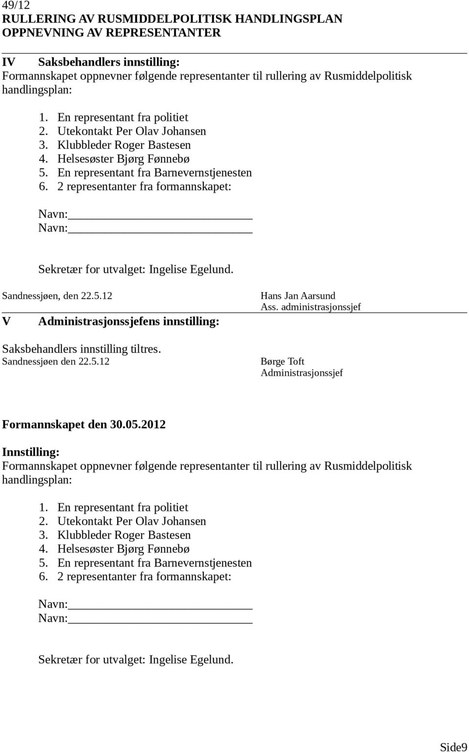 2 representanter fra formannskapet: Navn: Navn: Sekretær for utvalget: Ingelise Egelund. Sandnessjøen, den 22.5.12 V ens innstilling: Saksbehandlers innstilling tiltres. Sandnessjøen den 22.5.12 Hans Jan Aarsund Ass.