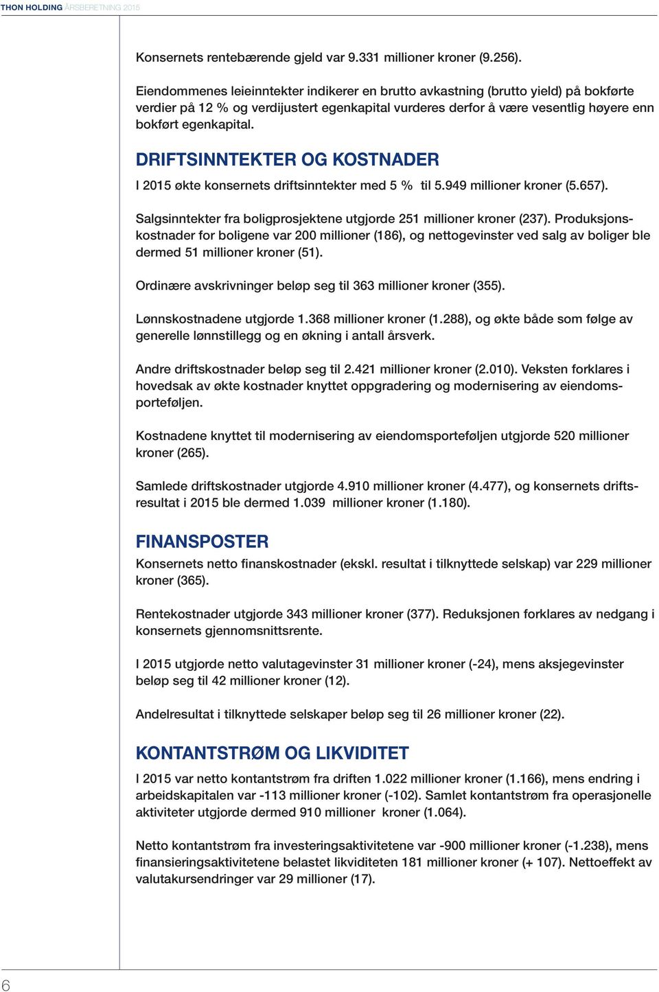 DRIFTSINNTEKTER OG KOSTNADER I 2015 økte konsernets driftsinntekter med 5 % til 5.949 millioner kroner (5.657). Salgsinntekter fra boligprosjektene utgjorde 251 millioner kroner (237).