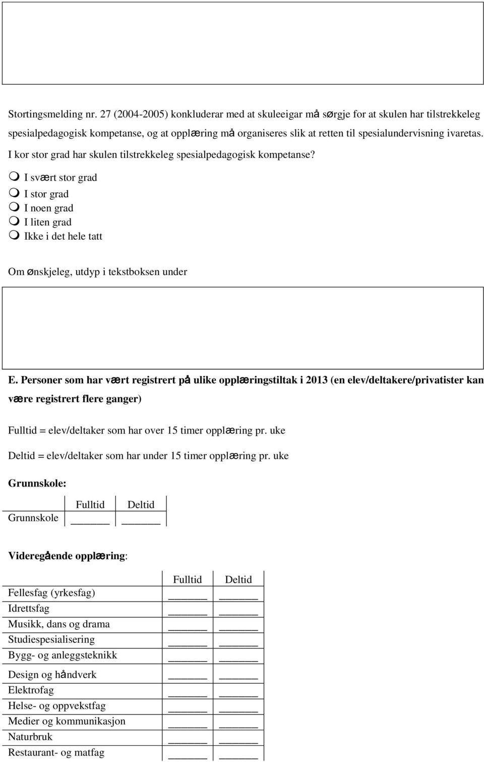 I kor stor grad har skulen tilstrekkeleg spesialpedagogisk kompetanse? I svært stor grad I stor grad I noen grad I liten grad Ikke i det hele tatt Om ønskjeleg, utdyp i tekstboksen under E.