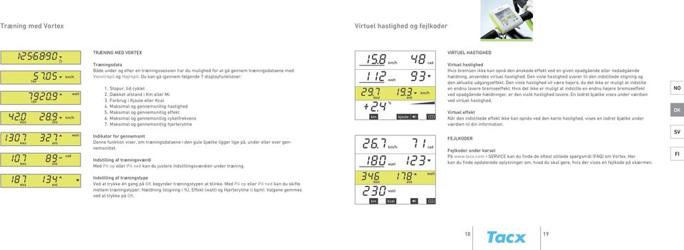 Maksimal og gennemsnitlig effekt 6. Maksimal og gennemsnitlig cykelfrekvens 7.