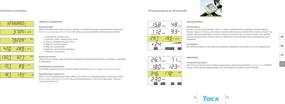 Kulutus, yksikkönä Kjoule tai Kcal 4. Maksimi- ja keskinopeus 5. Maksimi- ja keskiteho 6. Maksimi- ja keskipolkemistaajuus 7.