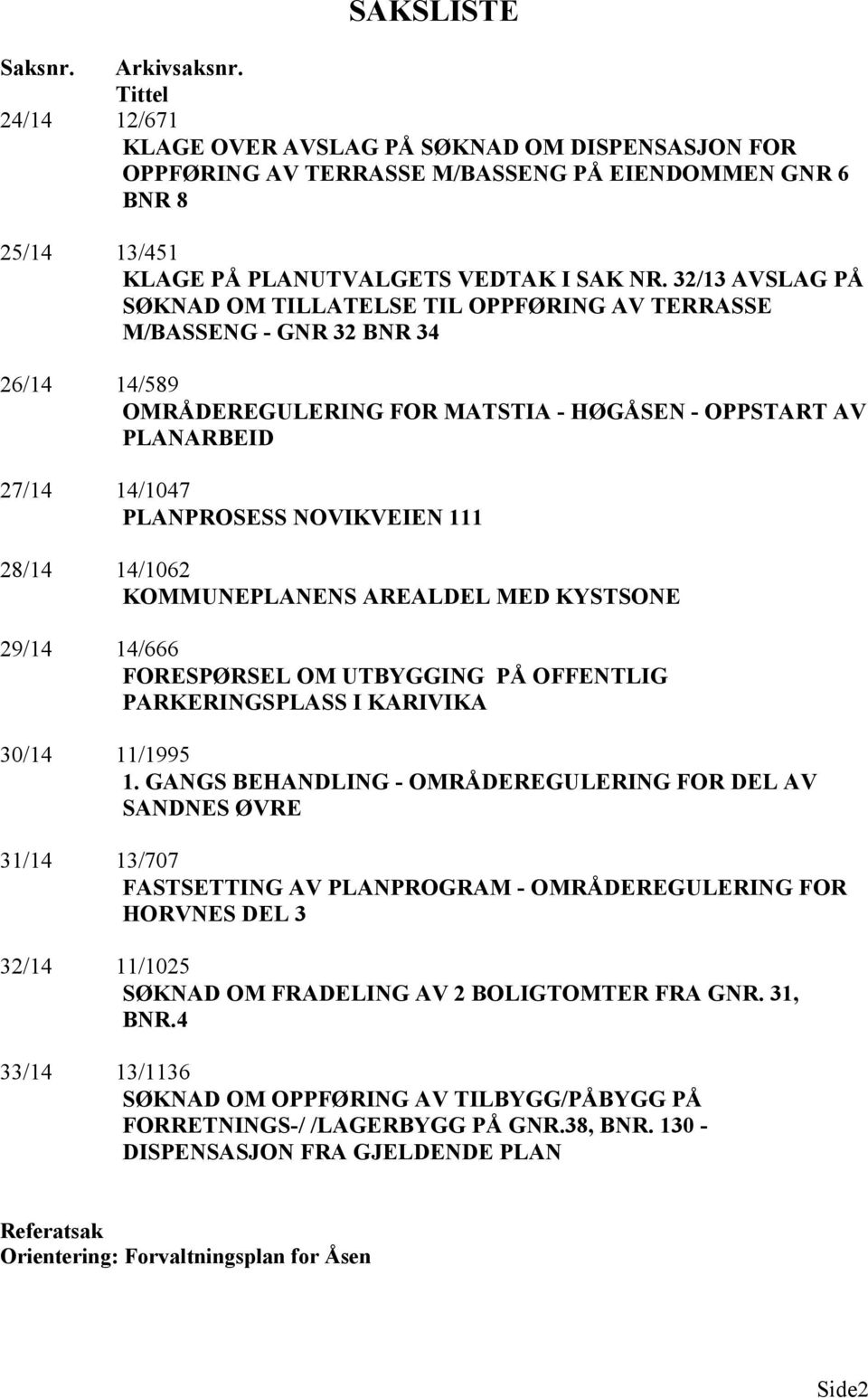 32/13 ASLAG PÅ SØKNAD OM TILLATELSE TIL OPPFØRING A TERRASSE M/BASSENG - GNR 32 BNR 34 26/14 14/589 OMRÅDEREGULERING FOR MATSTIA - HØGÅSEN - OPPSTART A PLANARBEID 27/14 14/1047 PLANPROSESS NOIKEIEN