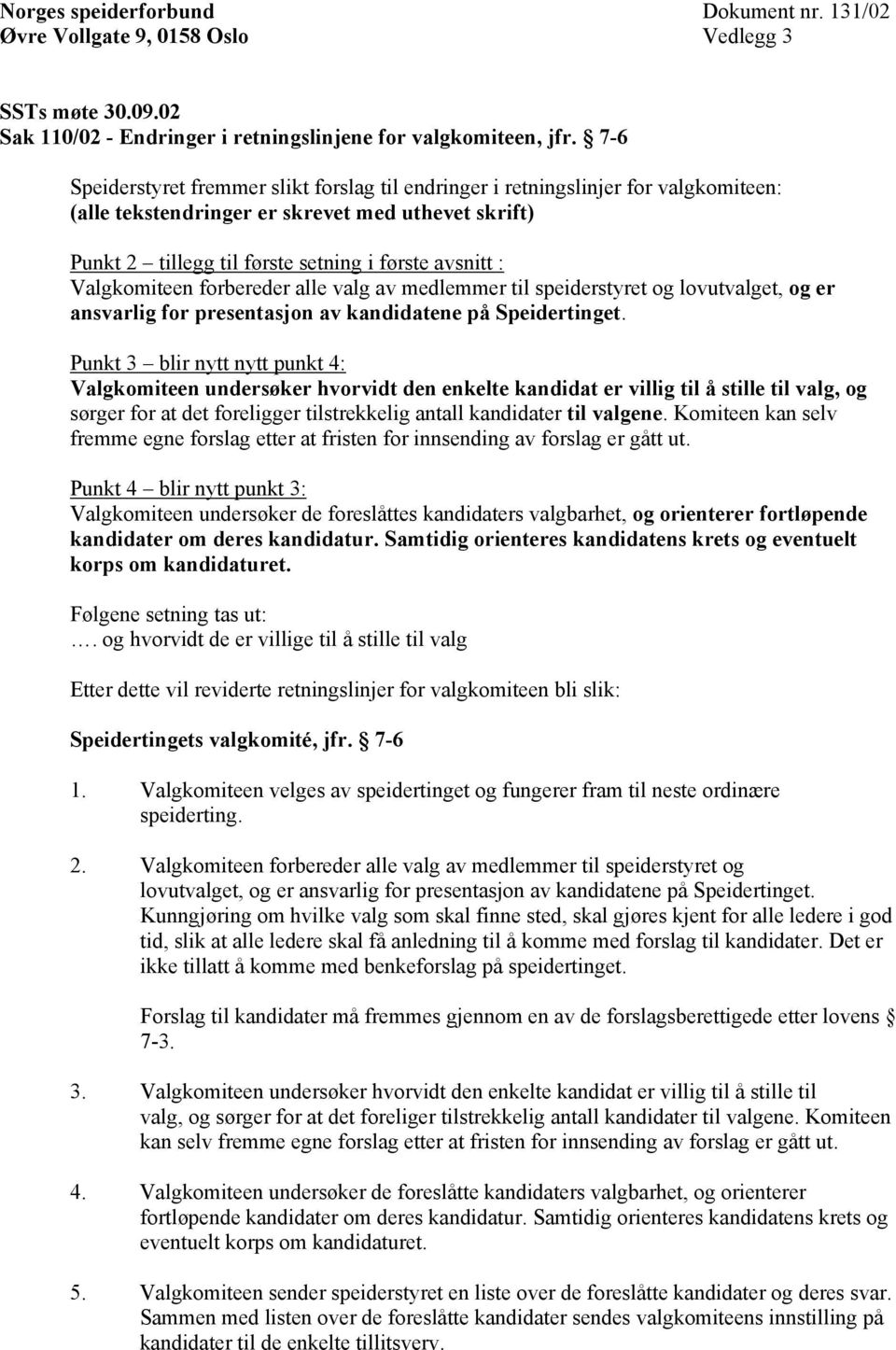 Valgkomiteen forbereder alle valg av medlemmer til speiderstyret og lovutvalget, og er ansvarlig for presentasjon av kandidatene på Speidertinget.