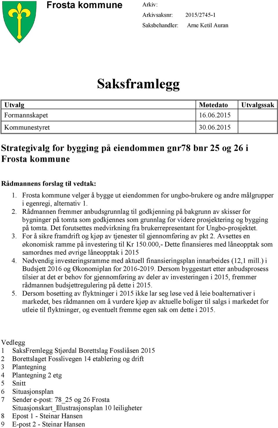 Frosta kommune velger å bygge ut eiendommen for ungbo-brukere og andre målgrupper i egenregi, alternativ 1. 2.