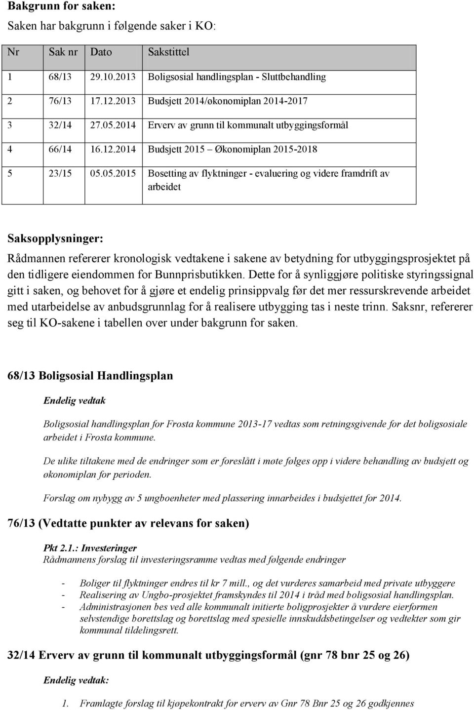 2014 Erverv av grunn til kommunalt utbyggingsformål 4 66/14 16.12.2014 Budsjett 2015 Økonomiplan 2015-2018 5 23/15 05.