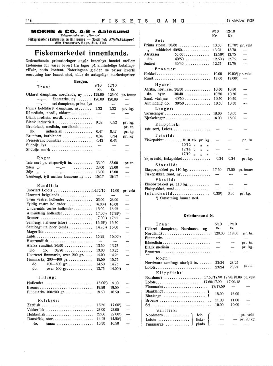 N edeistående prisnoteringer angår innenbys handel mellem kjøbmenn for varer levert fra lager på almindeuge betalings vilkår, netto kontant.