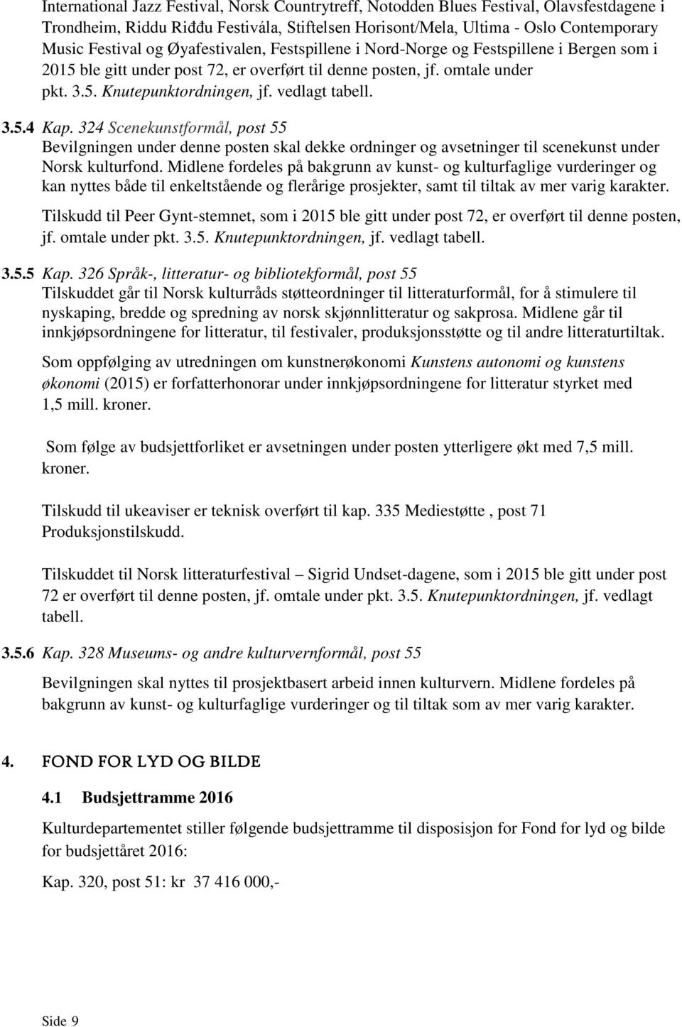 3.5.4 Kap. 324 Scenekunstformål, post 55 Bevilgningen under denne posten skal dekke ordninger og avsetninger til scenekunst under Norsk kulturfond.