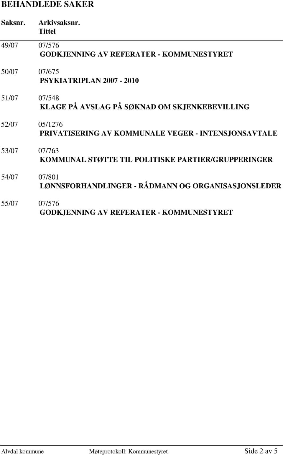 SKJENKEBEVILLING 52/07 05/1276 PRIVATISERING AV KOMMUNALE VEGER - INTENSJONSAVTALE 53/07 07/763