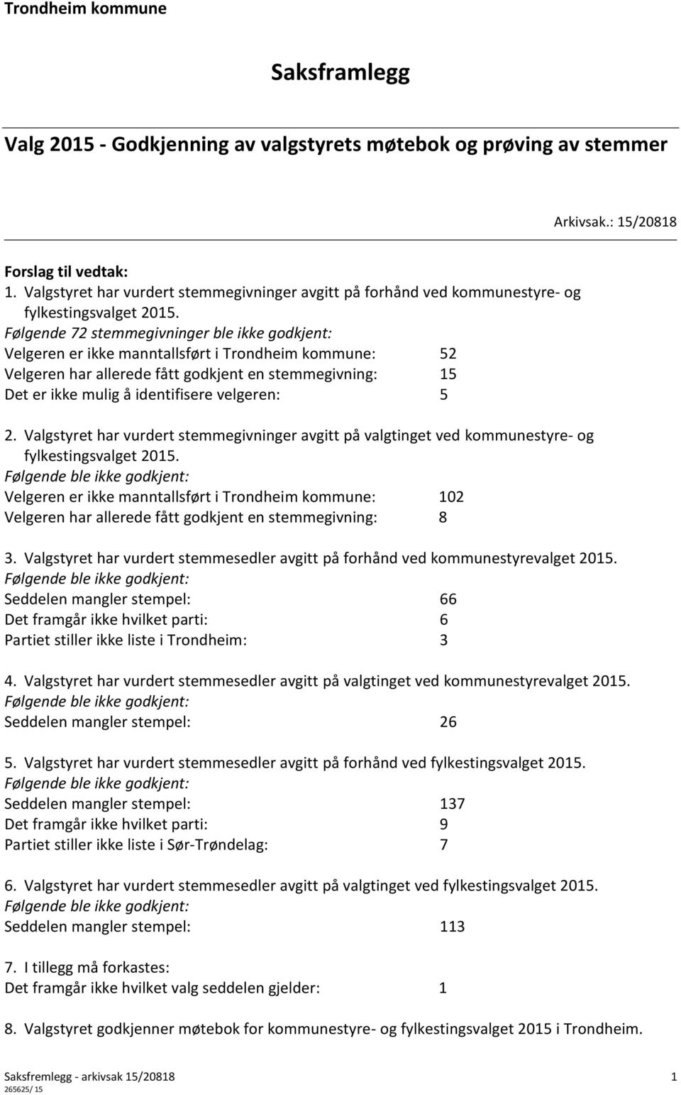 Følgende 72 stemmegivninger ble ikke godkjent: Velgeren er ikke manntallsført i Trondheim kommune: 52 Velgeren har allerede fått godkjent en stemmegivning: 15 Det er ikke mulig å identifisere