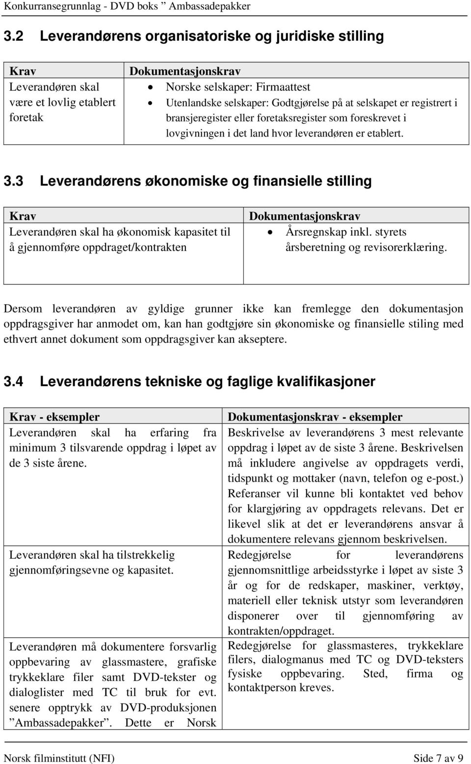 3 Leverandørens økonomiske og finansielle stilling Krav Leverandøren skal ha økonomisk kapasitet til å gjennomføre oppdraget/kontrakten Dokumentasjonskrav Årsregnskap inkl.