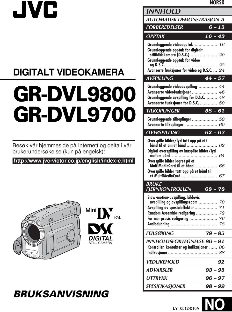 .. 0 Grunnleggende opptak for video og D.S.C.... Avanserte funksjoner for video og D.S.C.... 4 AVSPILLING 44 57 Grunnleggende videoavspilling... 44 Avanserte videofunksjoner.