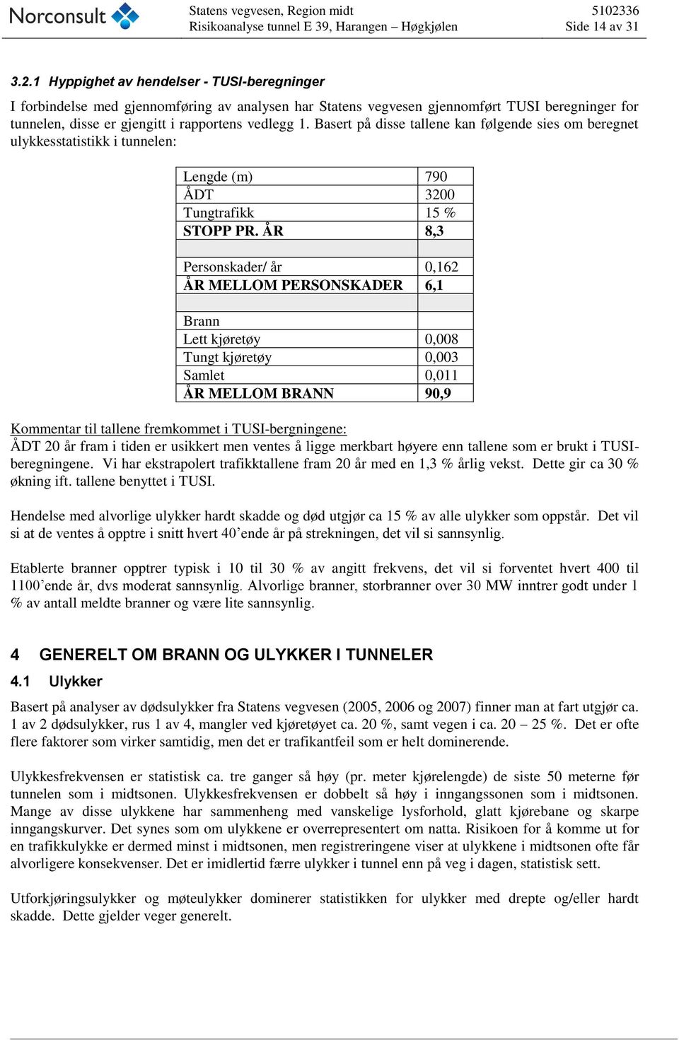 Basert på disse tallene kan følgende sies om beregnet ulykkesstatistikk i tunnelen: Lengde (m) 790 ÅDT 3200 Tungtrafikk 15 % STOPP PR.