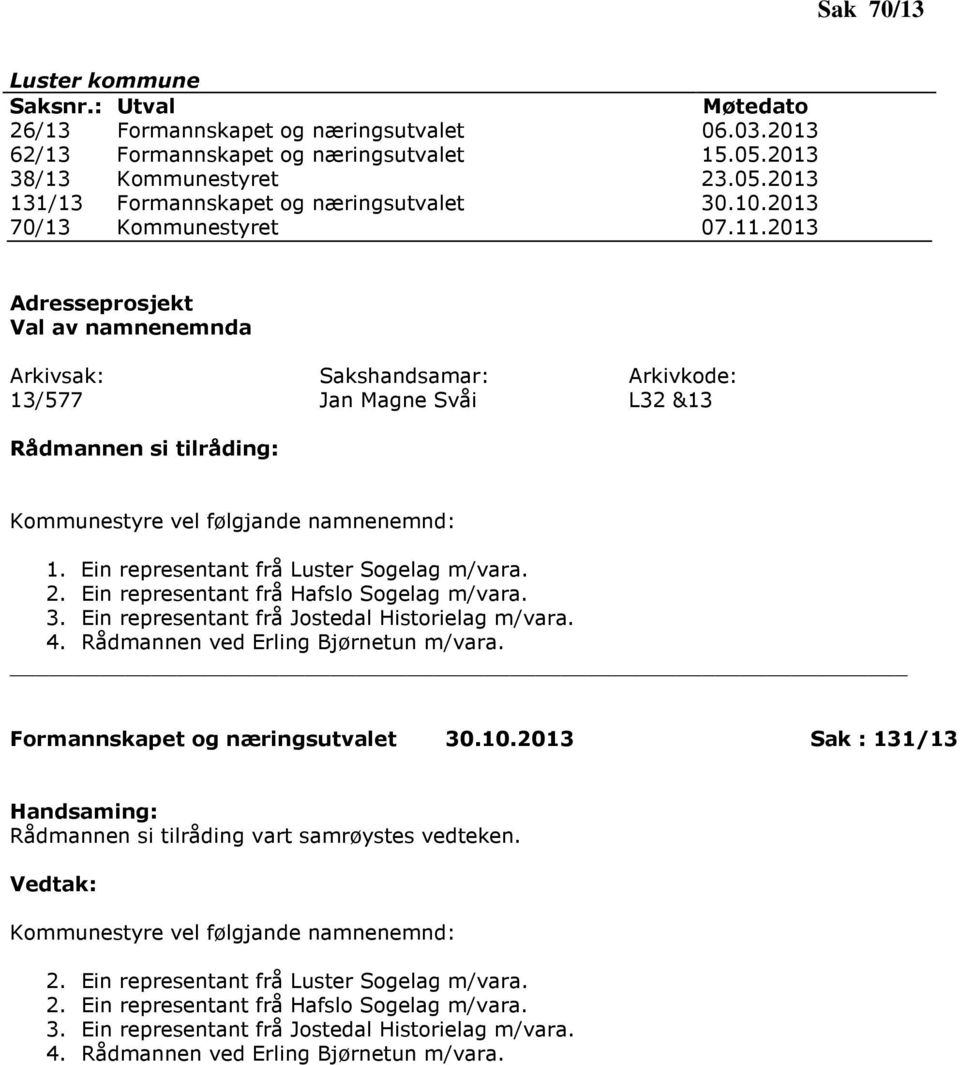 Ein representant frå Hafslo Sogelag m/vara. 3. Ein representant frå Jostedal Historielag m/vara. 4. Rådmannen ved Erling Bjørnetun m/vara. Formannskapet og næringsutvalet 30.10.