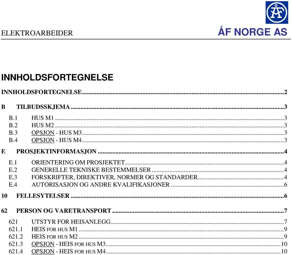 .. 4 E.4 AUTORISASJON OG ANDRE KVALIFIKASJONER... 6 10 FELLESYTELSER... 6 62 PERSON OG VARETRANSPORT... 7 621 UTSTYR FOR HEISANLEGG... 7 621.1 HEIS FOR HUS M1.