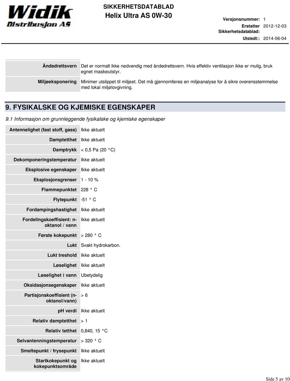 1 Informasjon om grunnleggende fysikalske og kjemiske egenskaper Antennelighet (fast stoff, gass) Damptetthet Damptrykk Dekomponeringstemperatur Eksplosive egenskaper < 0,5 Pa (20 C)