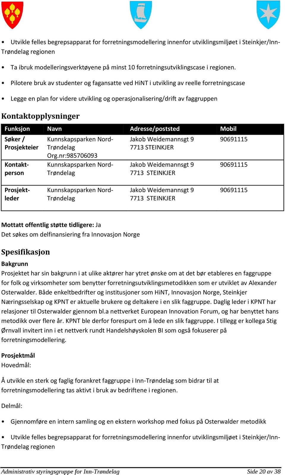 Pilotere bruk av studenter og fagansatte ved HiNT i utvikling av reelle forretningscase Legge en plan for videre utvikling og operasjonalisering/drift av faggruppen Kontaktopplysninger Funksjon Navn