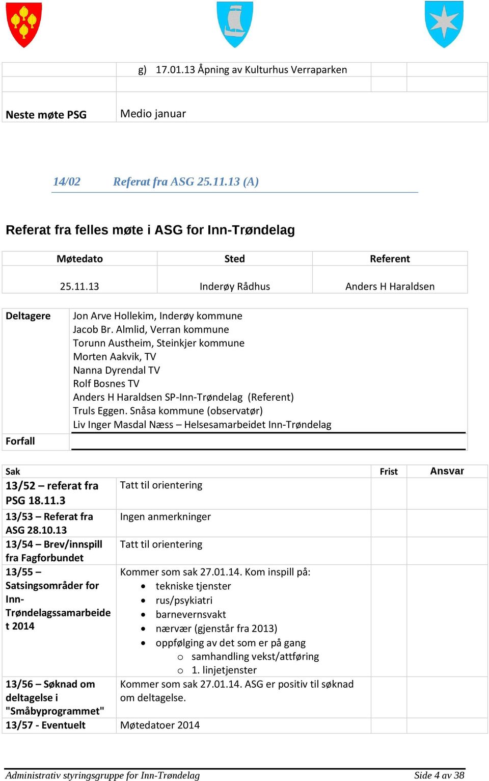 Snåsa kommune (observatør) Liv Inger Masdal Næss Helsesamarbeidet Inn-Trøndelag Sak Frist Ansvar Tatt til orientering 13/52 referat fra PSG 18.11.3 13/53 Referat fra ASG 28.10.