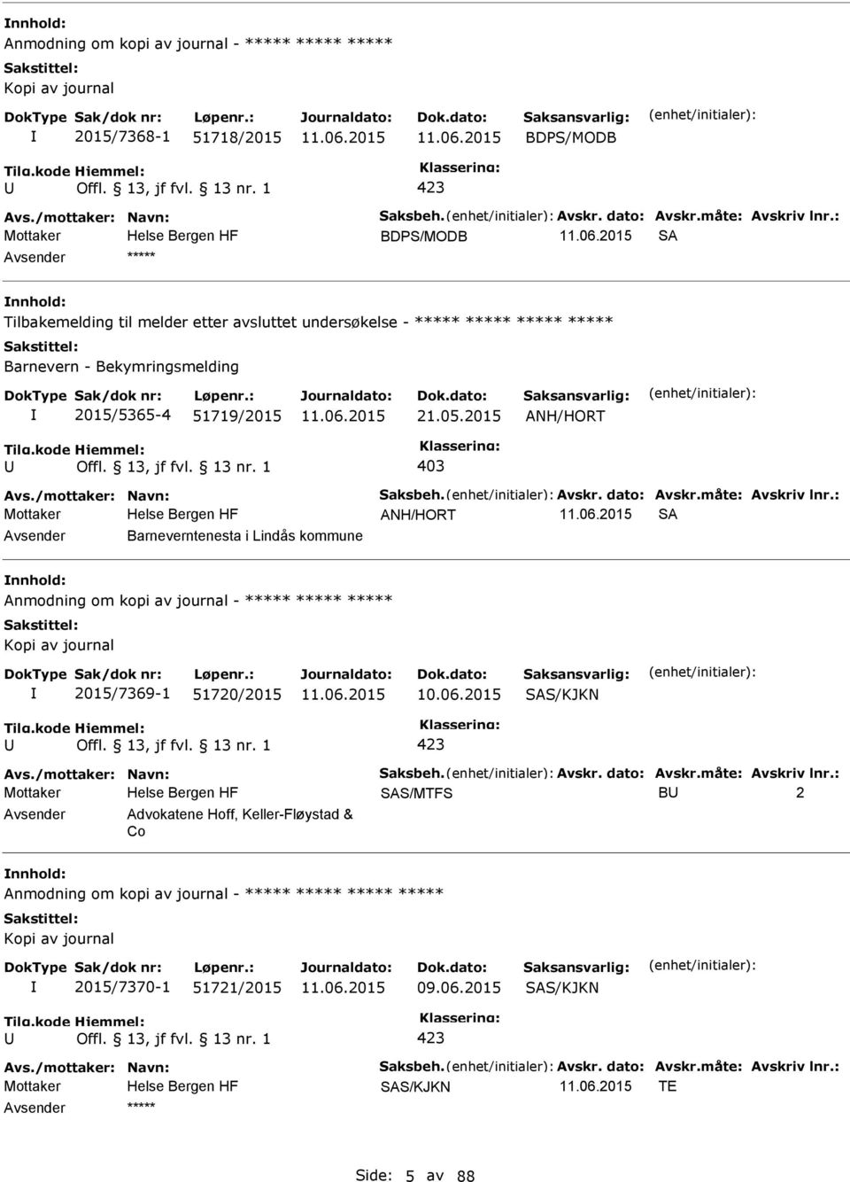 2015 ANH/HORT 403 Mottaker ANH/HORT SA Barneverntenesta i Lindås kommune Anmodning om kopi av journal - ***** ***** ***** Kopi av journal 2015/7369-1 51720/2015 10.06.