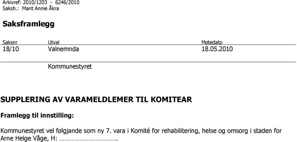 2010 Kommunestyret SUPPLERING AV VARAMELDLEMER TIL KOMITEAR Framlegg til