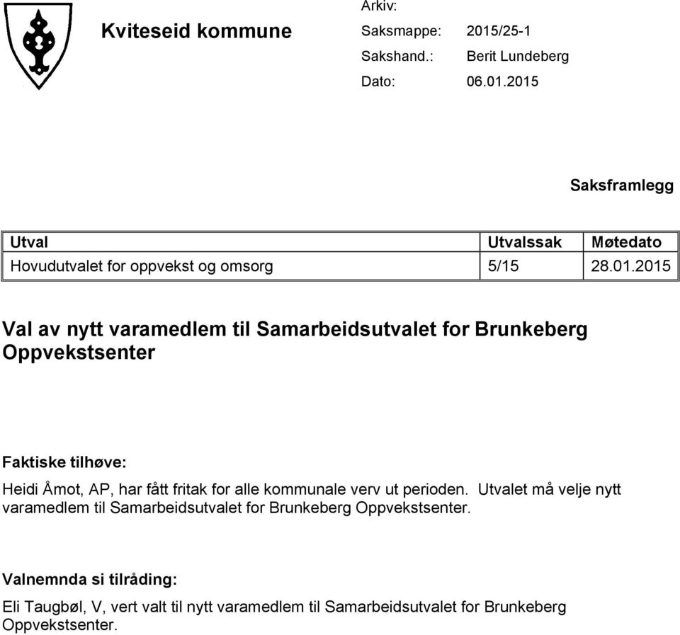 alle kommunale verv ut perioden. Utvalet må velje nytt varamedlem til Samarbeidsutvalet for Brunkeberg Oppvekstsenter.